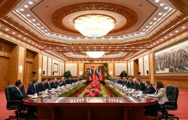 China Russia 9169396 20.05.2026 Chinese President Xi Jinping and Russian President Vladimir Putin attend an expanded format meeting with Chinese President Xi Jinping at the Great Hall of the People in Beijing, China. Kristina Solovyova Sputnik Beijing China  Copyright: xKristinaxSolovyovax