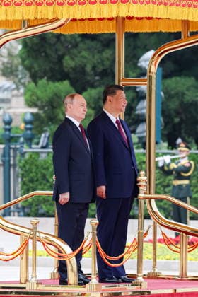 CHINA, BEIJING - MAY 20, 2026: Vladimir Putin (L), President of Russia, and his counterpart Xi Jinping of China attend a welcoming ceremony in Tiananmen Square. Putin s official visit marks 25 years since the 2001 Treaty of Good Neighbourliness and Friendly Cooperation between Russia and China. Alexander Kazakov Russian Presidential Press and Information Office TASS  92771030