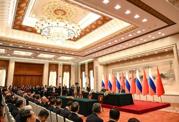 China Russia 9169454 20.05.2026 Russian President Vladimir Putin and Chinese President Xi Jinping attend a signing ceremony following a meeting in expanded format at the Great Hall of the People in Beijing, China. Kristina Solovyova Sputnik Beijing China  Copyright: xKristinaxSolovyovax