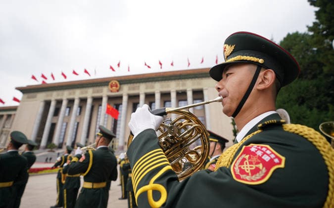 BEIJING, CHINA - MAY 20: Military band performs to welcome Russian President Vladimir Putin on May 20, 2026 in Beijing, China. Chinese President Xi Jinping held a welcome ceremony on the morning of May 20 outside the Great Hall of the People in central Beijing for Russian President Vladimir Putin, who is on a state visit to China.  Copyright: xVCGx 111642857004