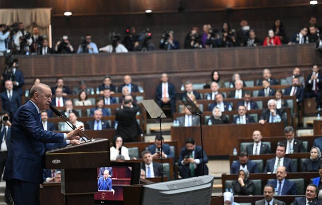 AK Party Group Meeting in Ankara ANKARA, TURKIYE - MAY 20: Turkish President and Leader of the Justice and Development (AK) Party Recep Tayyip Erdogan makes remarks at his party s group meeting at the Turkish Grand National Assembly in Ankara, Turkiye on May 20, 2026. Rasit Aydogan Anadolu Ankara Turkey. Editorial use only. Please get in touch for any other usage.  Copyright: x2026xAnadoluxRasitxAydoganx