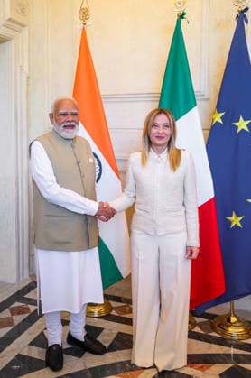 RECORD DATE NOT STATED PM Modi attends delegation-level talks with Prime Minister Giorgia Meloni of Italy Rome Italy , May 20 (ANI): Prime Minister Narendra Modi shakes hands with Italian Prime Minister Giorgia Meloni as he arrives to attend delegation-level talks, in Rome on Wednesday. (DPR PMO ANI Photo) Rome Italy Copyright: xANIx ANI_20260520227
