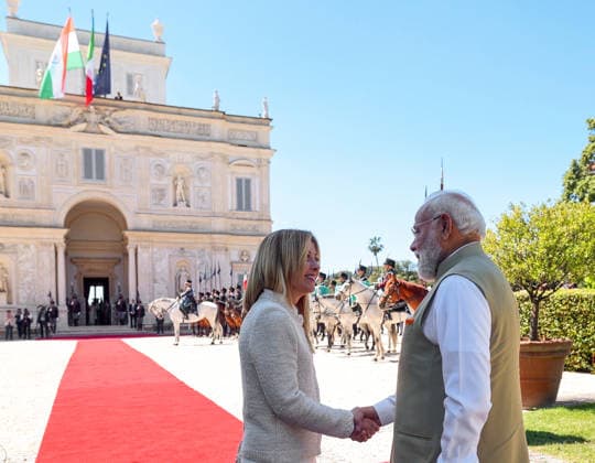 RECORD DATE NOT STATED PM Modi attends delegation-level talks with Prime Minister Giorgia Meloni of Italy Rome Italy , May 20 (ANI): Prime Minister Narendra Modi shakes hands with Italian Prime Minister Giorgia Meloni as he arrives to attend delegation-level talks, in Rome on Wednesday. (DPR PMO ANI Photo) Rome Italy Copyright: xANIx ANI_20260520231