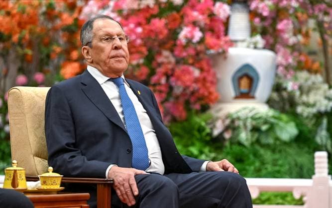China Russia 9169904 20.05.2026 Russian Foreign Minister Sergey Lavrov attends a tea ceremony with Russian President Vladimir Putin and Chinese President Xi Jinping following their meeting at the Great Hall of the People in Beijing, China. Kristina Solovyova Sputnik Beijing China  Copyright: xKristinaxSolovyovax