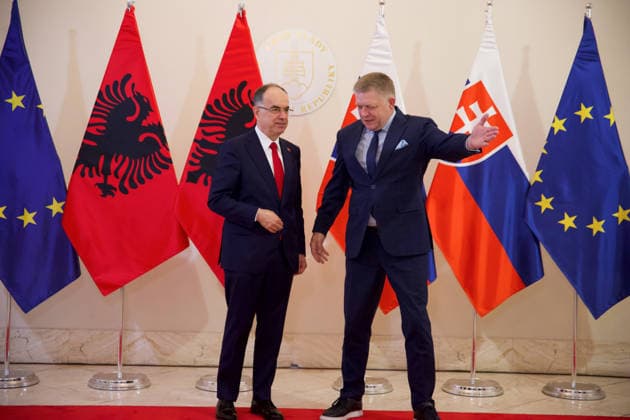 Official state visit of Albanian President Barjam Begaj to Slovakia BRATISLAVA, SLOVAKIA - MAY 20: Slovak Prime Minister Robert Fico (R) welcomes the Albanian President Bajram Begaj (L), at the Government Office in Bratislava, Slovakia, on May 20, 2026. This is the first ever visit by an Albanian head of state to Slovakia, with the aim of establishing more intensive cooperation between the countries. The PM and the President of Albania discussed mutual relations, the situation in the Western Balkans region, as well as current issues of European policy. Zuzana Gogova Anadolu Bratislava Slovakia. Editorial use only. Please get in touch for any other usage.  Copyright: x2026xAnadoluxZuzanaxGogovax