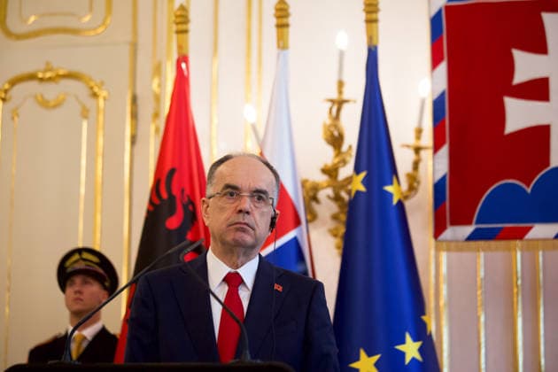 Official state visit of Albanian President Barjam Begaj to Slovakia BRATISLAVA, SLOVAKIA - MAY 20: The President of Slovakia Peter Pellegrini (not seen) and Albanian President Bajram Begaj hold a joint press conference after their meeting in Bratislava, Slovakia on May 20, 2026. This is the first ever visit by an Albanian head of state to Slovakia, with the aim of establishing more intensive cooperation between the countries. Zuzana Gogova Anadolu Bratislava Slovakia. Editorial use only. Please get in touch for any other usage.  Copyright: x2026xAnadoluxZuzanaxGogovax