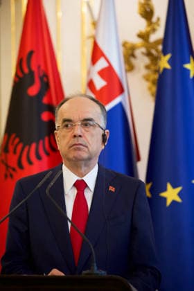 Official state visit of Albanian President Barjam Begaj to Slovakia BRATISLAVA, SLOVAKIA - MAY 20: The President of Slovakia Peter Pellegrini (not seen) and Albanian President Bajram Begaj hold a joint press conference after their meeting in Bratislava, Slovakia on May 20, 2026. This is the first ever visit by an Albanian head of state to Slovakia, with the aim of establishing more intensive cooperation between the countries. Zuzana Gogova Anadolu Bratislava Slovakia. Editorial use only. Please get in touch for any other usage.  Copyright: x2026xAnadoluxZuzanaxGogovax