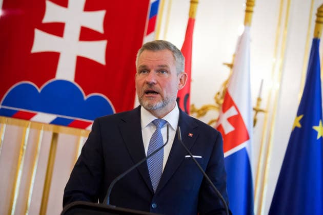 Official state visit of Albanian President Barjam Begaj to Slovakia BRATISLAVA, SLOVAKIA - MAY 20: The President of Slovakia Peter Pellegrini and Albanian President Bajram Begaj (not seen) hold a joint press conference after their meeting in Bratislava, Slovakia on May 20, 2026. This is the first ever visit by an Albanian head of state to Slovakia, with the aim of establishing more intensive cooperation between the countries. Zuzana Gogova Anadolu Bratislava Slovakia. Editorial use only. Please get in touch for any other usage.  Copyright: x2026xAnadoluxZuzanaxGogovax