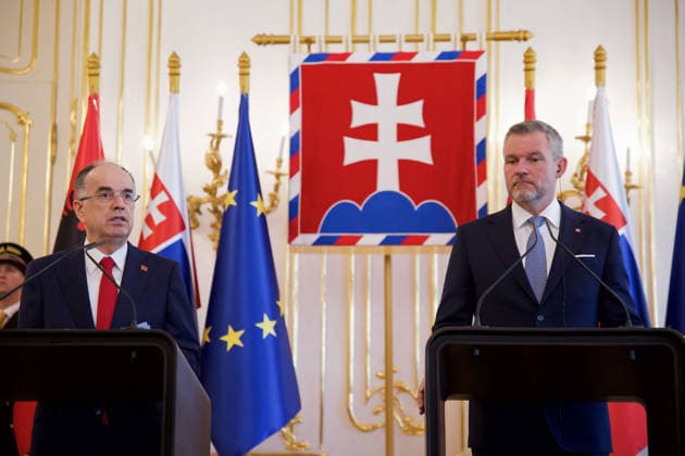 Official state visit of Albanian President Barjam Begaj to Slovakia BRATISLAVA, SLOVAKIA - MAY 20: The President of Slovakia Peter Pellegrini (R) and Albanian President Bajram Begaj (L) hold a joint press conference after their meeting in Bratislava, Slovakia on May 20, 2026. This is the first ever visit by an Albanian head of state to Slovakia, with the aim of establishing more intensive cooperation between the countries. Zuzana Gogova Anadolu Bratislava Slovakia. Editorial use only. Please get in touch for any other usage.  Copyright: x2026xAnadoluxZuzanaxGogovax