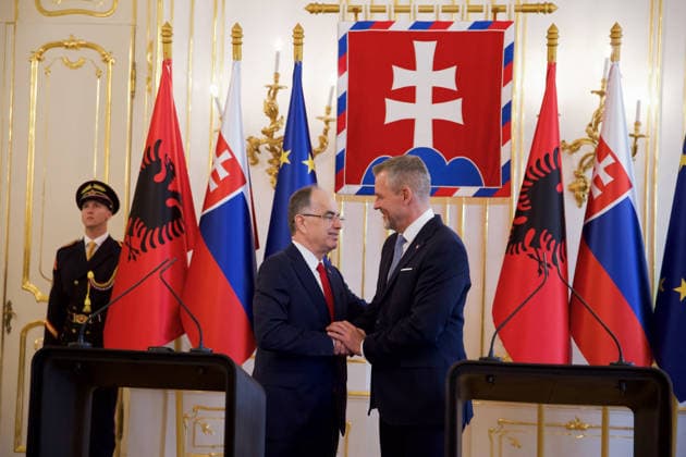 Official state visit of Albanian President Barjam Begaj to Slovakia BRATISLAVA, SLOVAKIA - MAY 20: The President of Slovakia Peter Pellegrini (R) and Albanian President Bajram Begaj (L) hold a joint press conference after their meeting in Bratislava, Slovakia on May 20, 2026. This is the first ever visit by an Albanian head of state to Slovakia, with the aim of establishing more intensive cooperation between the countries. Zuzana Gogova Anadolu Bratislava Slovakia. Editorial use only. Please get in touch for any other usage.  Copyright: x2026xAnadoluxZuzanaxGogovax