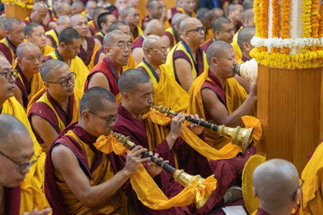 May 20, 2026, Palampur, Dharamshala, India: Tibetan Buddhist monk blows tibetan instruments during a Long Life Prayer offered to Tibetan spiritual Leader the Dalai Lama by Central Dokham Chushi Gangdrug and Himalayan Buddhist Cultural Association at the Main Tibetan Temple in Mcleodganj, Dharamshala ..NOTE: EDITORIAL USE ONLY. Palampur India  - ZUMAb235 20260520_zip_b235_002 Copyright: xShaileshxBhatnagarx