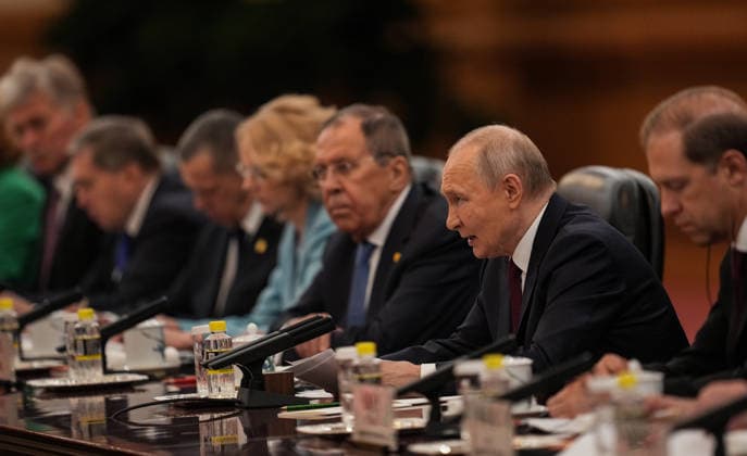 BEIJING, CHINA - MAY 20: Russian President Vladimir Putin (R2), First Deputy Prime Minister Denis Manturov (R1) and Foreign Minister Sergey Lavrov (R3) attend an expanded format meeting with Chinese President Xi Jinping (not pictured) at the Great Hall of the People on May 20, 2026 in Beijing, China.  Copyright: xVCGx 111642856400