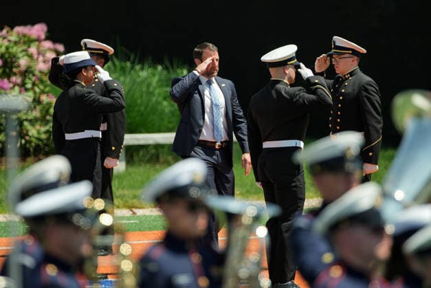 Secretary of the Department of Homeland Security Markwayne Mullin arrives for the United States Coast Guard Academy s graduation ceremony in New London, Connecticut on Wednesday, May 20, 2026.  CONN20260520442 ANGELINAxKATSANIS