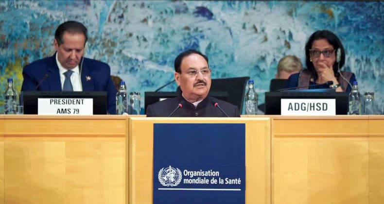 RECORD DATE NOT STATED Union Minister Jagat Prakash Nadda, addresses the 79th World Health Assembly Geneva Switzerland , May 20 (ANI): Union Minister of Health & Family Welfare and Chemicals & Fertilizers, Jagat Prakash Nadda, addresses the 79th World Health Assembly, in Geneva on Wednesday. (ANI Video Grab) Geneva Geneva Switzerland Copyright: xANIx ANI_20260520464