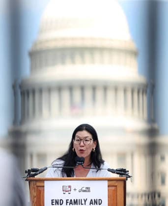 May 20, 2026, Washington, District Of Columbia, USA: President, National Domestic Workers Alliance, Ai-jen Poo, speaks during a Vigil outside the US Capitol calling for an end to child and family detention by ICE, hosted by the Read Them Home Initiative and Free Families Coalition, in Washington, DC, USA, on May 20, 2026. The vigil featured 620 teddy bears and stuffed animals to represent the over 6,200 children arrested by ICE and denied a childhood since the start of the Trump Administration. Washington USA  - ZUMAs337 20260520_znp_s337_018 Copyright: xGentxShkullakux