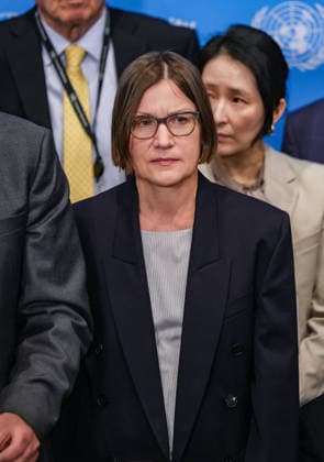 May 20, 2026, New York, New York, USA: MIRJANA SPOLJARIC, President of the International Committee of the Red Cross, stood alongside representatives of member states in support as WALID OBEIDAT, Permanent Representative of Jordan to the United Nations, greets supporters at the Security Council stakeout at UNHQ before a Security Council meeting on the Protection of Civilians in Armed Conflict, on behalf of the founding states of the Global Initiative to Galvanize Political Commitment to International Humanitarian Law. New York USA  - ZUMAo116 20260520_znp_o116_015 Copyright: xBiancaxOterox