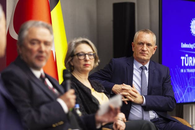 Turkiye - NATO panel held in Brussels BRUSSELS, BELGIUM - MAY 20: Belgian Air Force Strategy Director Major General Harold Van Pee (R) and Deputy Assistant Secretary General (DASG) for Operations, Burcu San (C) attend a panel titled Embracing Change, Safeguarding Tomorrow: Turkiye - NATO in a Changing Security Landscape, organized by the Directorate of Communications of the Republic of Turkiye in Brussels, Belgium on May 20, 2026. Nicolas Landemard Anadolu Brussels Belgium. Editorial use only. Please get in touch for any other usage.  Copyright: x2026xAnadoluxNicolasxLandemardx