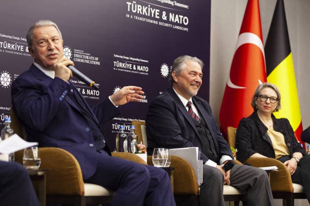 Turkiye - NATO panel held in Brussels BRUSSELS, BELGIUM - MAY 20: Chairman of the Turkish Grand National Assembly National Defense Commission and former Turkish Minister of National Defense Hulusi Akar (L), Turkiye’s Permanent Representative to NATO Ambassador Basat Ozturk (C) and Deputy Assistant Secretary General (DASG) for Operations, Burcu San (R) attends a panel titled Embracing Change, Safeguarding Tomorrow: Turkiye - NATO in a Changing Security Landscape, organized by the Directorate of Communications of the Republic of Turkiye in Brussels, Belgium on May 20, 2026. Nicolas Landemard Anadolu Brussels Belgium. Editorial use only. Please get in touch for any other usage.  Copyright: x2026xAnadoluxNicolasxLandemardx