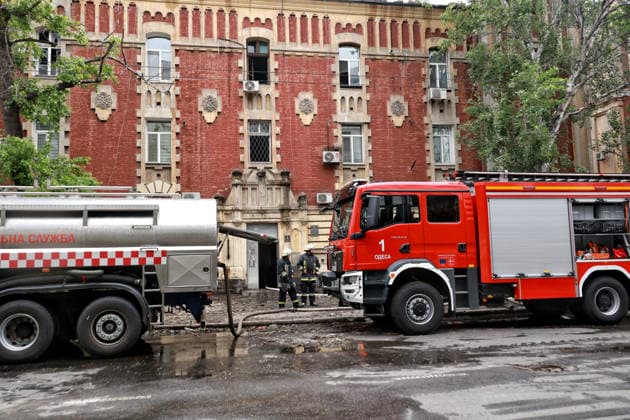 RECORD DATE NOT STATED Firefighters deal with the aftermath of a Russian drone attack in Odesa, Ukraine, on May 18, 2026. As a result of a massive overnight attack by Russian strike drones, several residential buildings in the Prymorskyi and Kyivskyi districts sustained significant damage. Roofs of three-storey buildings were destroyed, while a one-storey house was ruined in another area. Buildings of a city lyceum and a kindergarten were also damaged. Two people, an 11-year-old boy and a 59-year-old man, were injured (Photo by Nina Liashonok Ukrinform) Aftermath of overnight Shahed drone attack on Odesa  Copyright: xNinaxLiashonokx