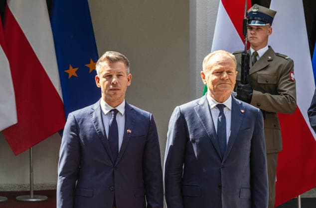 May 20, 2026, Warsaw, Poland: New Hungarian Prime Minister, Peter Magyar and Polish Prime Minister, Donald Tusk seen during their meeting at the Polish Prime Minister s residence. On the morning of Wednesday, the 20th of May, on his first foreign visit, the new Prime Minister of Hungary, Peter Magyar, meets with Polish Prime Minister Donald Tusk. The visit symbolically marks the opening of a new phase in Budapest s relations with Europe. During the meeting the Prime Ministers discuss Magyar s victory in the recent Hungarian elections, the Polish-Hungarian relationship, and the issue of Zbigniew Ziobra and Marcin Romanowski - two Polish politicians evading prosecution in Poland by hiding in Hungary. After the meeting, Peter Magyar meets with  - ZUMAs197 20260520_aaa_s197_275 Copyright: xNeilxMiltonx