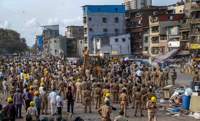 MUMBAI, INDIA - MAY 20: Heavy police deployment on the second day of an anti-encroachment drive at Garib Nagar slum on railway land on May 20, 2026 in Mumbai, India. (Photo by Satish Bate Hindustan Times) Second Day Of Demolition Drive At Bandra Garib Nagar