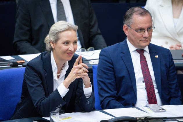 Deutscher Bundestag, 80. Plenarsitzung Alice Weidel (AfD) gemeinsam mit Tino Chrupalla (AfD) im Plenum bei der 80. Sitzung des Deutschen Bundestag in Berlin, 21.05.2026 Berlin Berlin Deutschland *** German Bundestag, 80th plenary session Alice Weidel AfD together with Tino Chrupalla AfD in the plenary at the 80th session of the German Bundestag in Berlin, 21 05 2026 Berlin Berlin Germany