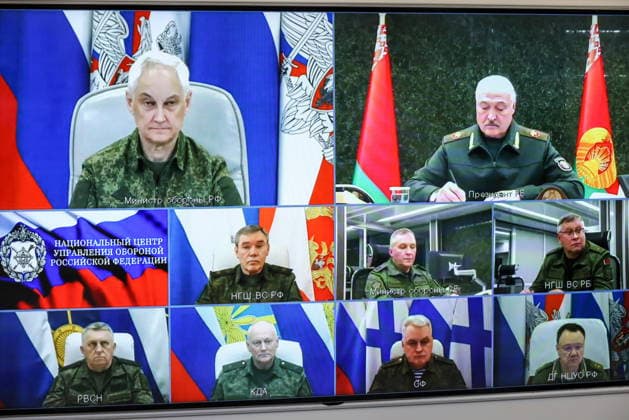 RUSSIA, MOSCOW - MAY 21, 2026: Russia s Defence Minister Andrei Belousov and Belarus President Alexander Lukashenko (L-R top on screen) take part in a nuclear exercise held by the Russian and Belarusian Armed Forces, via a video link Moscow Russia  - ZUMAt113 20260521_zaa_t113_162 Copyright: xMikhailxMetzelx