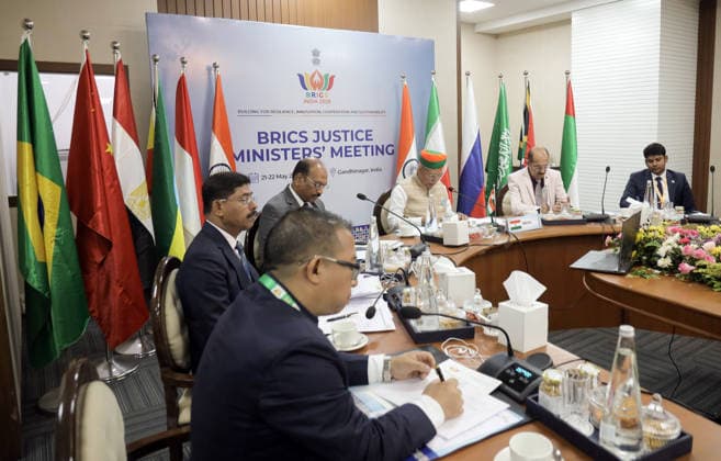 RECORD DATE NOT STATED Arjun Ram Meghwal addresses the opening session of the two-day BRICS Justice Ministers™ Meeting 2026 Gandhinagar, May 21 (ANI): Union Minister of State (I C) for Law and Justice, Arjun Ram Meghwal, addresses the opening session of the two-day BRICS Justice Ministers™ Meeting 2026, in Gandhinagar on Thursday. (@arjunrammeghwal X ANI Photo) Gandhinagar Gujarat India Copyright: xANIx ANI_20260521286