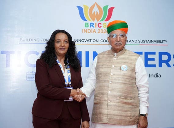 RECORD DATE NOT STATED Arjun Ram Meghwal welcomes delegates for the BRICS Justice Ministers™ Meeting 2026 Gandhinagar, May 21 (ANI): Union Minister of State (I C) for Law and Justice, Arjun Ram Meghwal, welcomes a delegate for the BRICS Justice Ministers™ Meeting 2026, in Gandhinagar on Thursday. (@arjunrammeghwal X ANI Photo) Gandhinagar Gujarat India Copyright: xANIx ANI_20260521292