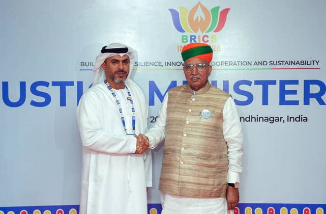 RECORD DATE NOT STATED Arjun Ram Meghwal welcomes delegates for the BRICS Justice Ministers™ Meeting 2026 Gandhinagar, May 21 (ANI): Union Minister of State (I C) for Law and Justice, Arjun Ram Meghwal welcomes a delegate for the BRICS Justice Ministers™ Meeting 2026, in Gandhinagar on Thursday. (@arjunrammeghwal X ANI Photo) Gandhinagar Gujarat India Copyright: xANIx ANI_20260521295