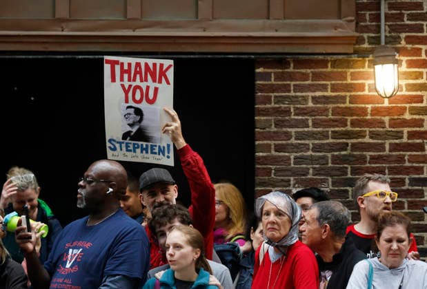 Supporters gather at the entrance to the Ed Sullivan Theater after the taping of the final The Late Show With Stephen Colbert in New York City on Thursday, May 21, 2026. After almost 11 years, the late-night host Stephen Colbert signed off The Late Show for good less than one year after CBS canceled the show.  NYP20260521115 JOHNxANGELILLO