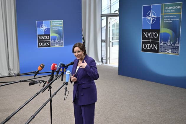 HELSINGBORG , SVERIGE 20260522 Sveriges utrikesminister Maria Malmer Stenergard (M) vid fredagens doorstep pa NATO:s utrikesministermöte pa Sea U i Helsingborg pa fredagen. HELSINGBORG SVERIGE x50090x *** HELSINGBORG , SWEDEN 20260522 Swedish Minister for Foreign Affairs Maria Malmer Stenergard M at Fridays doorstep at the NATO Foreign Ministers meeting at Sea U in Helsingborg on Friday HELSINGBORG SWEDEN x50090x  Copyright: xJohanxNilsson TTx NATOS UTRIKESMINISTERMÖTE HELSINGBORG xpAMQoMmQ1I