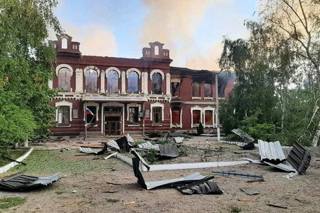 RUSSIA, LUGANSK PEOPLE S REPUBLIC - MAY 22, 2026: The building of the Starobelsk Professional College under the Lugansk State Pedagogical University suffers severe damage from a Ukrainian drone strike on Starobelsk, north of Lugansk, along with its dormitory. Out of 86 children aged 14 to 18 inside at the time of the strike, current figures indicate 35 injured and receiving necessary medical treatment. Best quality available. LPR Head MAX TASS  92862053