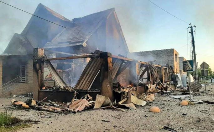RUSSIA, LUGANSK PEOPLE S REPUBLIC - MAY 22, 2026: A house falls apart after a Ukrainian drone strike on Starobelsk, north of Lugansk. The drones also hit the building and dormitory of the Starobelsk Professional College under the Lugansk State Pedagogical University. Out of 86 children aged 14 to 18 inside at the time of the strike, current figures indicate 35 injured and receiving necessary medical treatment. Best quality available. LPR Head MAX TASS  92862098