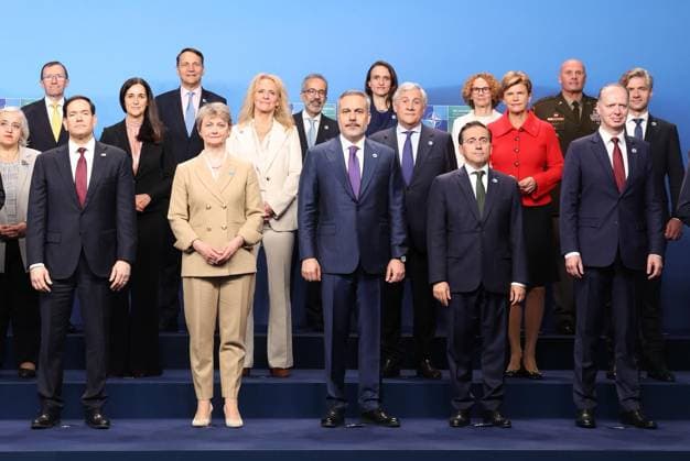 NATO Foreign Ministers Meeting HELSINGBORG, SWEDEN - MAY 22: (----EDITORIAL USE ONLY - MANDATORY CREDIT - TURKISH FOREIGN MINISTRY HANDOUT - NO MARKETING NO ADVERTISING CAMPAIGNS - DISTRIBUTED AS A SERVICE TO CLIENTS----) Turkish Foreign Minister Hakan Fidan poses for a family photo ahead of the NATO Foreign Ministers Meeting in Helsingborg, Sweden on May 22, 2026. Turkish Foreign Ministry Anadolu Helsingborg Sweden. Editorial use only. Please get in touch for any other usage.  Copyright: x2026xAnadoluxTurkishxForeignxMinistryx