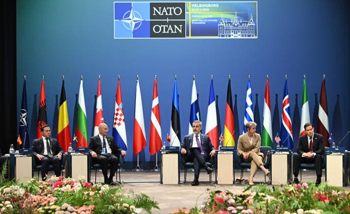 NATO Foreign Ministers Meeting HELSINGBORG, SWEDEN - MAY 22: Turkish Foreign Minister Hakan Fidan (C), Spanish Minister of Foreign Affairs Jose Manuel Albares Bueno (L), UK Foreign Secretary Yvette Cooper (2nd R), and US Secretary of State Marco Rubio (R) attend the North Atlantic Council Foreign Ministers Session during the NATO Foreign Ministers Meeting in Helsingborg, Sweden, on May 22, 2026. Dursun Aydemir Anadolu Helsingborg Sweden. Editorial use only. Please get in touch for any other usage.  Copyright: x2026xAnadoluxDursunxAydemirx