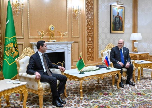 TURKMENISTAN, ASHGABAT - MAY 22, 2026: Serdar Berdimuhamedow (L), President of Turkmenistan, and Mikhail Mishustin, Prime Minister of Russia, hold a meeting. Alexander Miridonov POOL TASS  92867587
