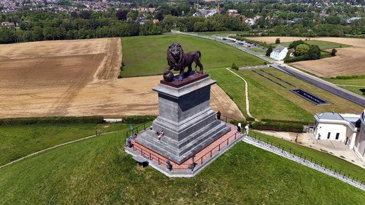 This aerial drone picture shows the Lion s Mound - Butte du Lion monument in Waterloo on Friday 22 May 2026, after a renovation.  ERICxLALMAND 174723003