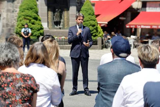 GABRIEL ATTAL AVEYRON PHOTOPQR LE PARISIEN Olivier CORSAN Mur de Barrez 22 05 2026 Aveyron, France, May 22nd 2026 Gabriel Attal en déplacement en Aveyron Mur de Barrez, France, may 22nd 2026 former PM Gabriel Attal will be challenging for upcoming presidentiel election He visits Averyon Local Caption GABRIEL ATTAL RODEZ AVEYRON Mur de Barrez France  Copyright: xPHOTOPQR LExPARISIEN MAXPPPxOlivierxCORSANx 20260522LPA1708 20260522LPA1704