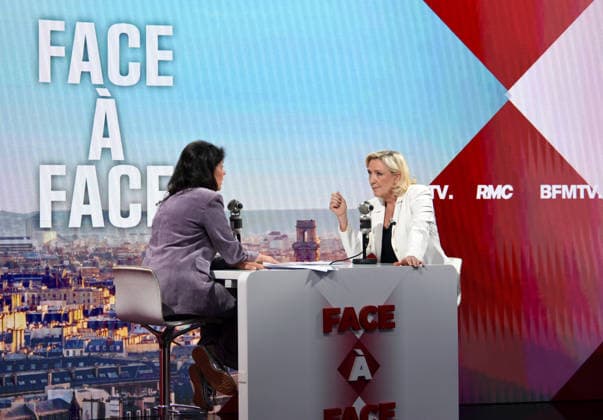 Marine Le Pen Appears On RMC BFMTV - Paris Marine Le Pen is interviewed by Apolline de Malherbe on RMC BFMTV in Paris, France on May 22, 2026. Photo by Alain Apaydin ABACAPRESS.COM Paris France  Copyright: xApaydinxAlain ABACAx