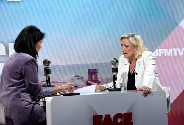 Marine Le Pen Appears On RMC BFMTV - Paris Marine Le Pen is interviewed by Apolline de Malherbe on RMC BFMTV in Paris, France on May 22, 2026. Photo by Alain Apaydin ABACAPRESS.COM Paris France  Copyright: xApaydinxAlain ABACAx