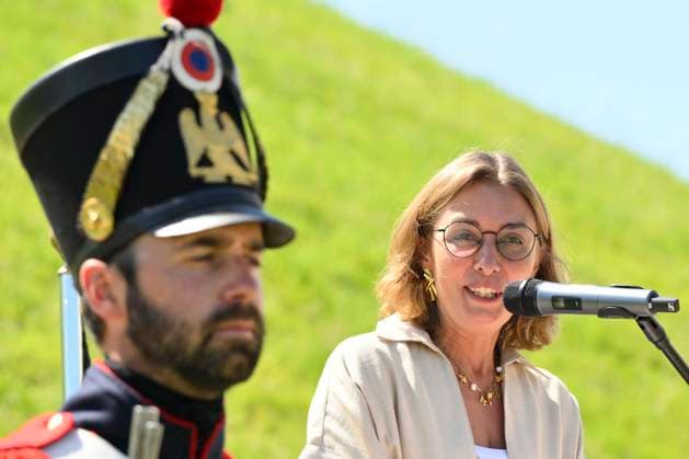 Works On World Famous Lion Of Waterloo Completed WATERLOO, BELGIUM - MAY 22: Valerie Lescrenier (Les Engages), Walloon Minister of Tourism, Heritage, Early Childhood Infrastructure pictured during the official ceremony marking the completion of renovation and construction works at the world famous Butte du Lion, on May 22, 2026 in Waterloo, Belgium, 22 05 2026 Waterloo Belgium  Copyright: xPhilipxReynaersx