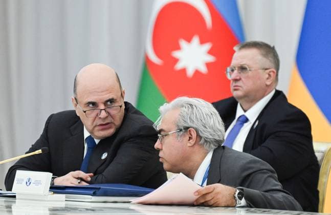 Turkmenistan CIS Government Heads Council 9171498 22.05.2026 Russian Prime Minister Mikhail Mishustin and Deputy Chief of the Russian Government Staff Elmir Tagirov, right, attend an expanded format meeting of the Commonwealth of Independent States (CIS) Heads of Government Council in Ashgabat, Turkmenistan. Alexander Miridonov Sputnik Ashgabat Turkmenistan  Copyright: xAlexanderxMiridonovx