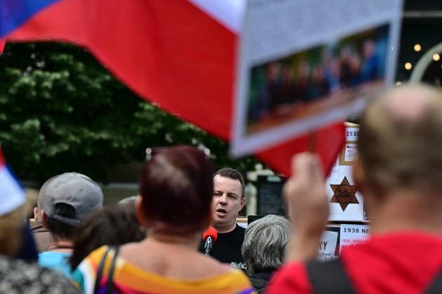 Jindrich Rajchl, PRO party head from SPD parliamentary club, attends a rally on Svoboda Square in Brno to express opposition to the 76th Congress of the Sudeten Germans, held for the first time in the Czech Republic, in Brno, Czech Republic, on May 22, 2026. (CTKxPhoto VaclavxSalek) CTKPhotoP2026052205058  CTKPhotoP2026052205058