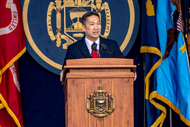 Secretary of the Navy Hung Cao speaks during the U.S. Naval Academy Graduation and Commissioning Ceremony at the U.S. Naval Academy in Annapolis, Maryland on Friday, May 22, 2026. The Naval Academy has a total of 1059 graduates.  ANN20260522313 BONNIExCASH
