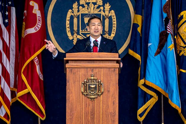 Secretary of the Navy Hung Cao speaks during the U.S. Naval Academy Graduation and Commissioning Ceremony at the U.S. Naval Academy in Annapolis, Maryland on Friday, May 22, 2026. The Naval Academy has a total of 1059 graduates.  ANN20260522314 BONNIExCASH