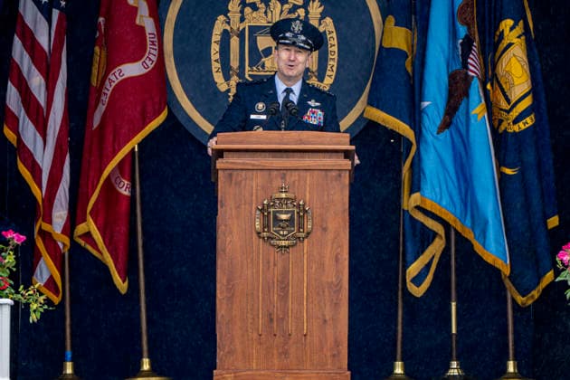 Chair of the Joint Chiefs of Staff Dan Caine speaks during the U.S. Naval Academy Graduation and Commissioning Ceremony at the U.S. Naval Academy in Annapolis, Maryland on Friday, May 22, 2026. The Naval Academy has a total of 1059 graduates.  ANN20260522316 BONNIExCASH