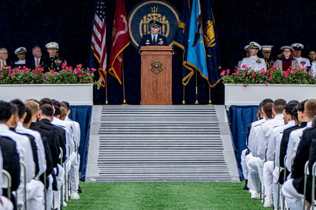 Chair of the Joint Chiefs of Staff Dan Caine speaks during the U.S. Naval Academy Graduation and Commissioning Ceremony at the U.S. Naval Academy in Annapolis, Maryland on Friday, May 22, 2026. The Naval Academy has a total of 1059 graduates.  ANN20260522317 BONNIExCASH
