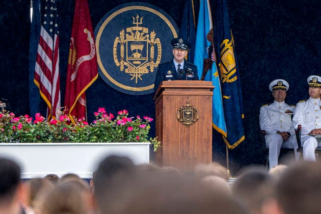 Chair of the Joint Chiefs of Staff Dan Caine speaks during the U.S. Naval Academy Graduation and Commissioning Ceremony at the U.S. Naval Academy in Annapolis, Maryland on Friday, May 22, 2026. The Naval Academy has a total of 1059 graduates.  ANN20260522318 BONNIExCASH