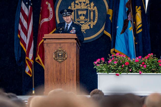 Chair of the Joint Chiefs of Staff Dan Caine speaks during the U.S. Naval Academy Graduation and Commissioning Ceremony at the U.S. Naval Academy in Annapolis, Maryland on Friday, May 22, 2026. The Naval Academy has a total of 1059 graduates.  ANN20260522319 BONNIExCASH